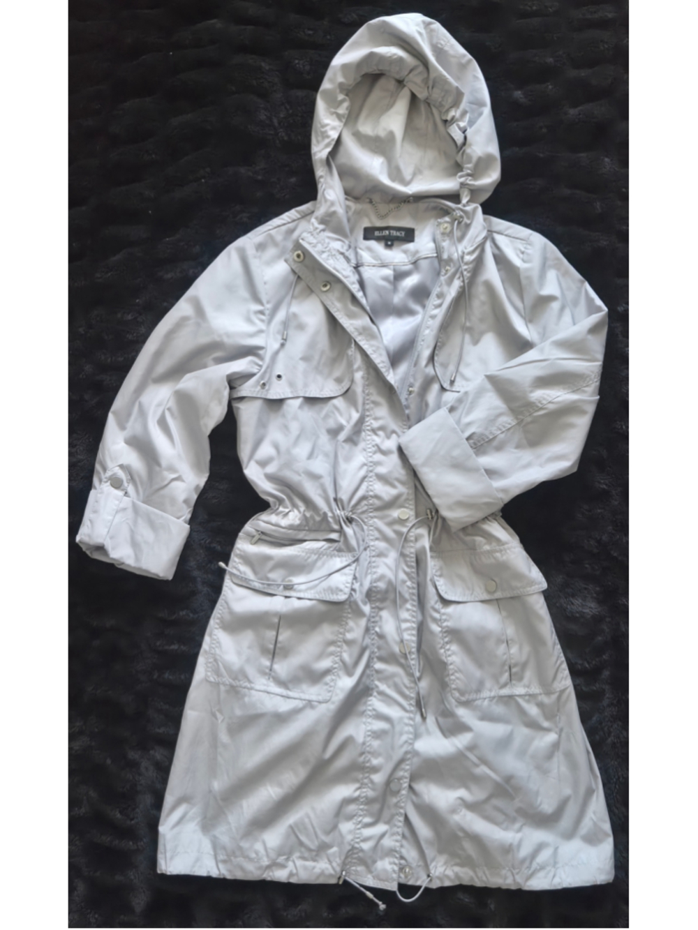 Ellen Tracy Womens M Long Hooded Raincoat Silver Gray Anorak Utility Jacket